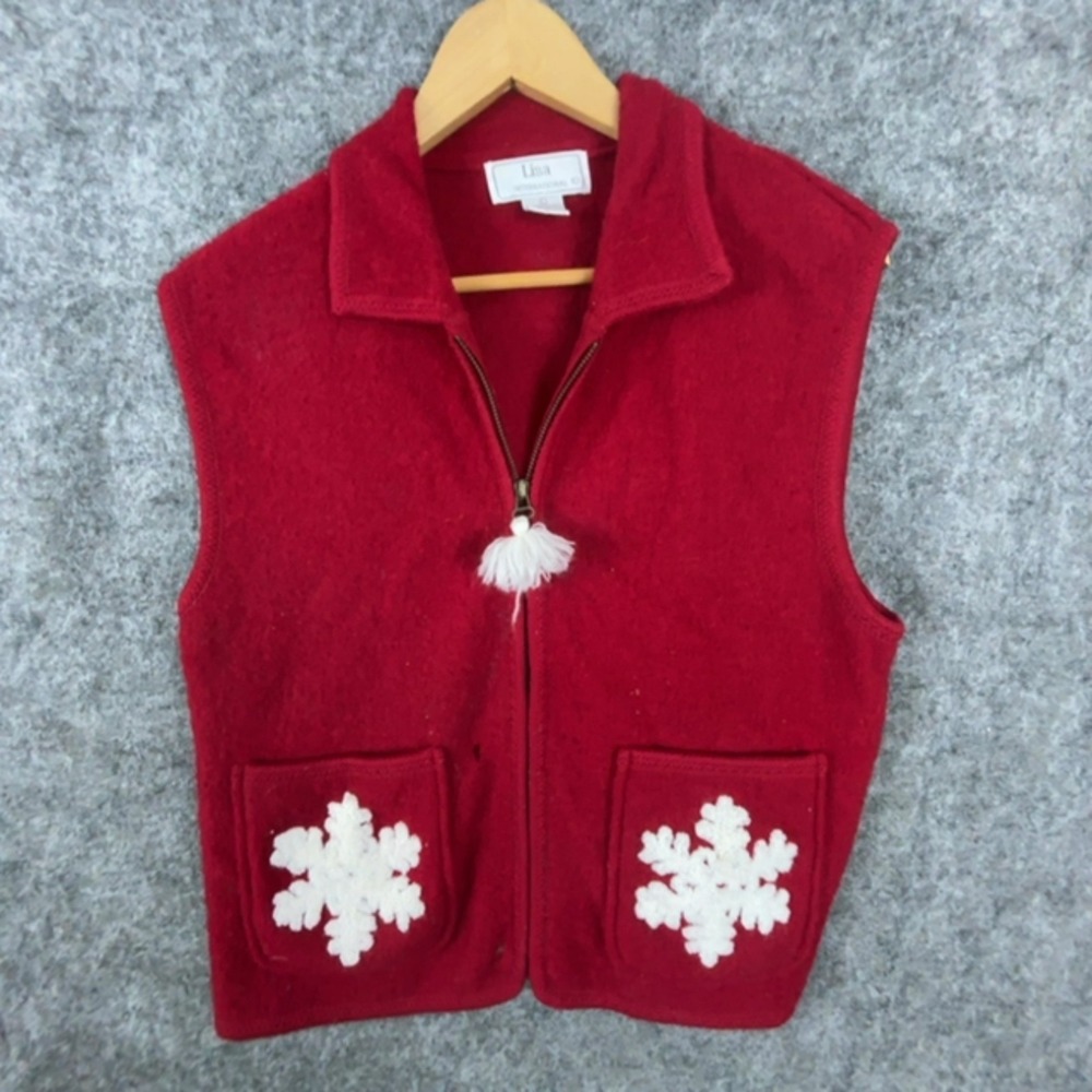Lisa International Vest Womens Large Red Snowflake Boiled Wool Vintage Zip Up